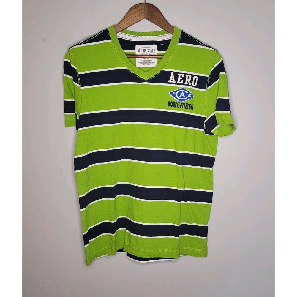 Y2K Aeropostale Striped Preppy V Neck T Shirt Green‎ Blue And White Tshirt Aero